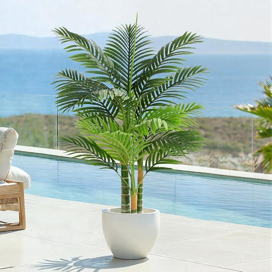 4ft Tall Triple Golden Cane Palm Artificial Tree Large Tropical Palm Tree UV Resistant Fake Plant in Pot for Indoor Outdoor Big House Living Room Outside Patio Office Home Decor 1Pack