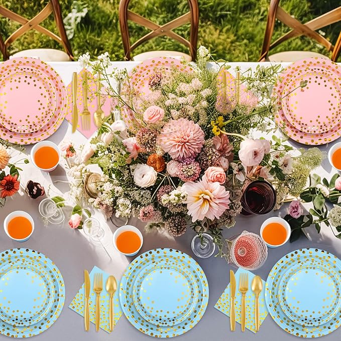Tegeme Gender Reveal Party Supplies Pink and Blue Gold Dot Paper Plates Napkins and Tablecloths Set with Cups Forks Knives Spoons 256 Pcs Tableware for 36 Guest Baby Shower Birthday Party Decoration