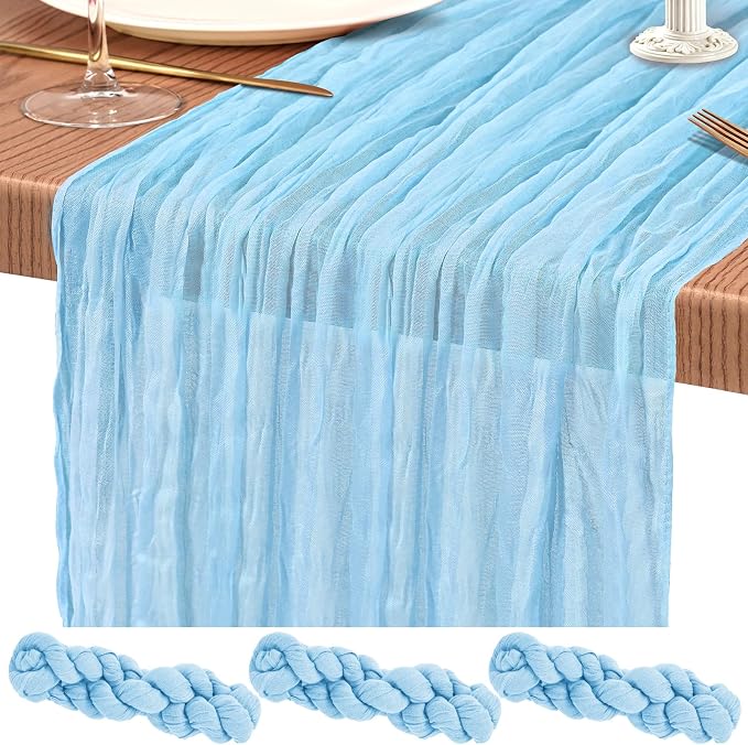 3 Pack Cheesecloth Table Runner 10FT Baby Blue Table Runner Light Blue Boho Gauze Cheese Cloth Table Runners Long Rustic Sheer Table Decorations for Wedding Party Baby Bridal Shower Birthday Holiday