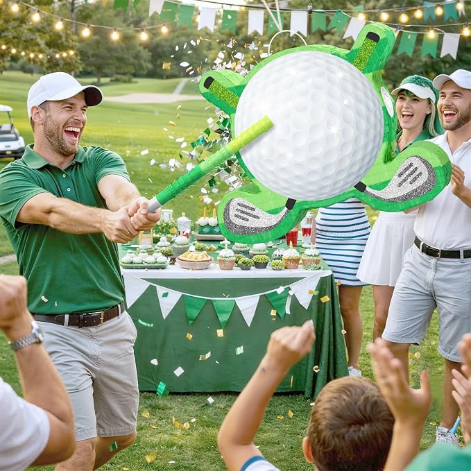 WERNNSAI Golf Piñata - Green Golf Ball & Club Shaped Piñata with Blindfold and Bat Sports Themed Birthday Party Decorations, Golf Party Supplies for Sports Celebration Favors(16.5" x 12.4" x 2.9")