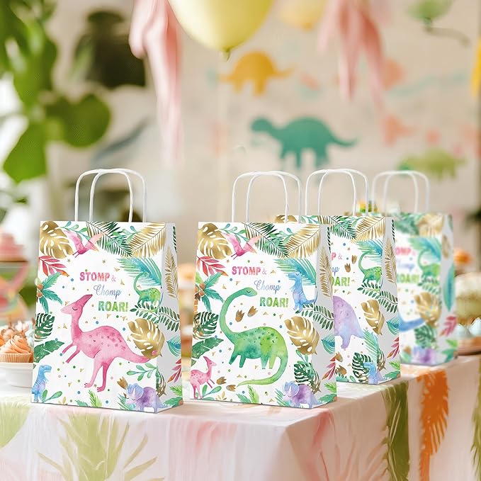HaPiBiDesign Dinosaur Party Favor Bags, 24 Pack Dinosaur Goodie Bags with Handles, Girl Dinosaur Gift Bags, Pink Dinosaur Treat Bags for Kids Birthday Party, Dinosaur Party Supplies