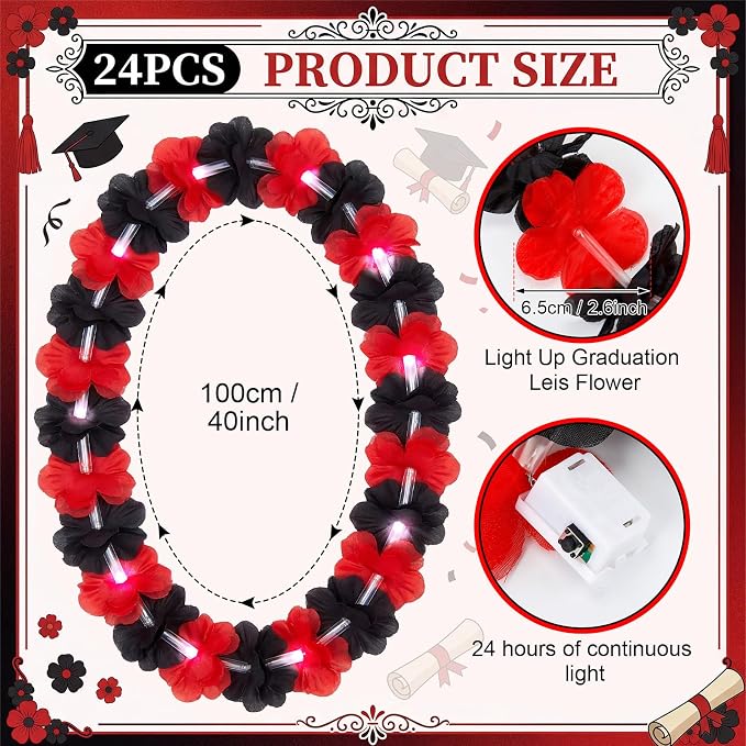 Sherr 48 Pcs Graduation LED Hawaiian Leis Class of 2026 Light Up Flower Leis Necklace with LED Lights Black Red Luau Flowers Necklaces for Graduation Party Decoration Supplies