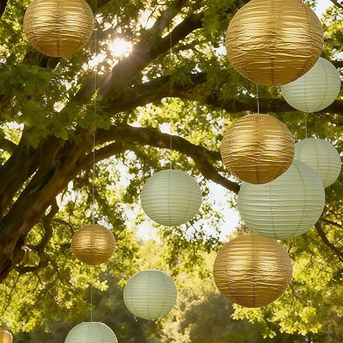 20Pcs Paper Lanterns Decorative, Sage Green and Gold Round Hanging Paper Lanterns Decorations for Rustic Party Bridal Shower Wedding Birthday Home Decor