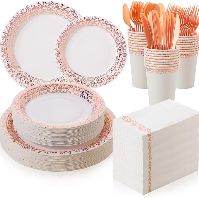 Didaey 700 Pcs Disposable Dinnerware Set for 100 Guests Include 200 Paper Plates, 300 Plastic Silverware, 100 Paper Cups, 100 Napkins for Wedding Birthday Party Supplies (White Rose Gold Pattern)