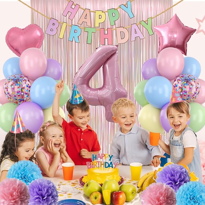 Pastel 4th Birthday Party Decorations for Girls Number 4 Balloon Happy Birthday Banner Butterfly Stickers Fringe Curtain Paper Pom Poms Macaron Pink Star Heart Foil Colorful Balloons 4 Year Old Decor