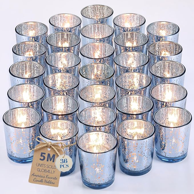 LETINE Blue Votive Candle Holders Set of 36 -Mercury Glass Candle Holders for Wedding & Baby Shower Decor - Ideal for Bridal Shower & Centerpieces for Tables
