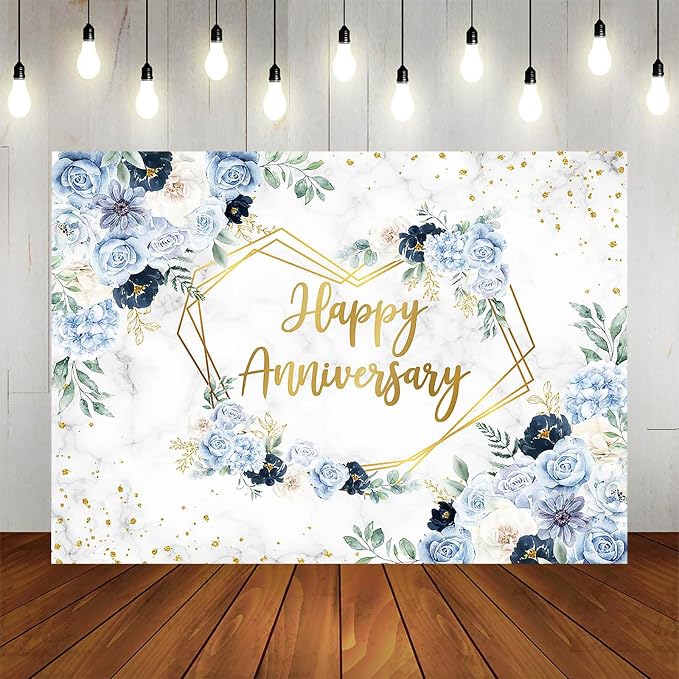 Happy Anniversary Backdrop 7x5ft Blue and White Flowers Wedding Anniversary Party Decorations Background Bridal Shower Engagement Banner Photo Booth Props