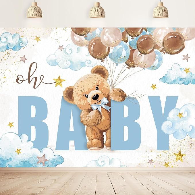 Oh Baby Bear Baby Shower Backdrop 7Wx5H Feet for Boys Brown Blue Balloons Lovely Clouds Gold Stars Polyester Fabric Cute Cartoon Photography Backgrounds Photo Shoot Decor Props Decoration