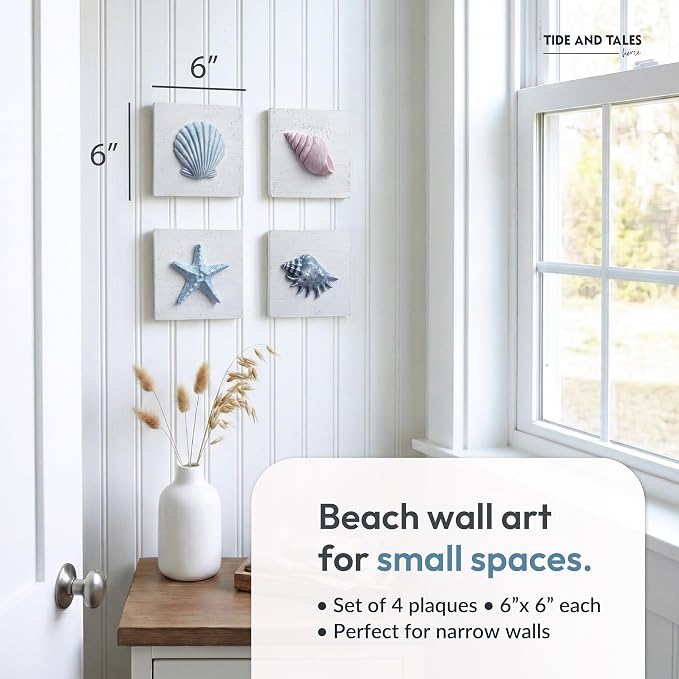 TideAndTales Beach Decor Seashell Wall Art - (Set of 4) Textured 3D Shells and Starfish Decorations for Home or Beach House, Rustic Ocean Theme Coastal Bedroom or Bathroom Wall Decor 6" x 6"