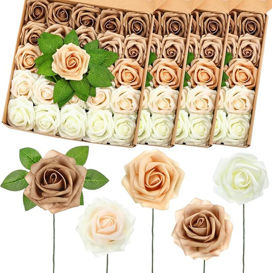 100 Pcs Artificial Foam Rose Flower Faux Bouquet Wedding Fake Rose Gift for Mother's Day Women DIY Bridal Shower Party Table Birthday Home Spring Decor (Gradient Nude)