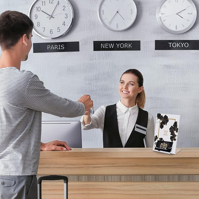 Remerry 12 Pcs Acrylic Sign Holder with Business Card Holder Slanted Paper Stand Clear Brochure Display Stand Heavy Duty Plastic Signs for Office Table Advertisement Flyer (5 x 7 Inch)