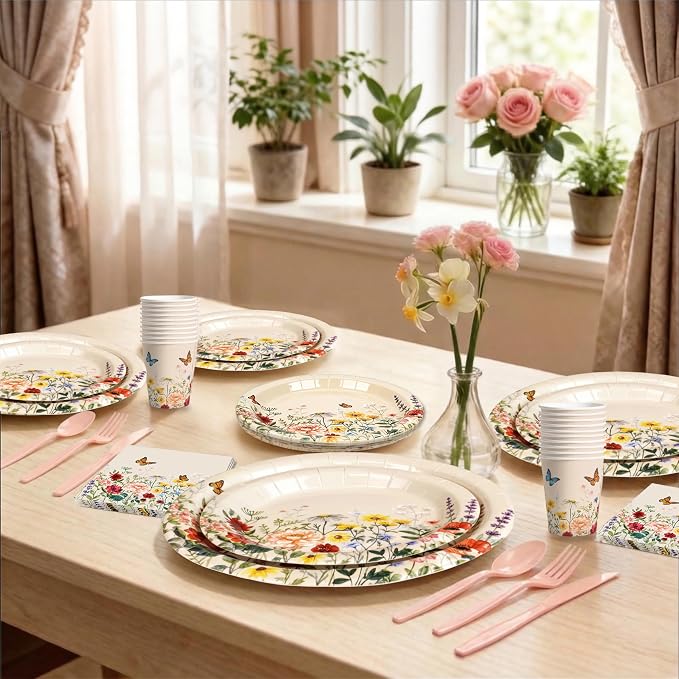 BORAMDO 206 PCS Wildflower Birthday Party Decoration,Spring Floral Baby Shower Decor with Plates Napkins Cups Cutlery Tablecloths Cake Toppers Banner Balloons for Flower Garden Party Supplies(Vintage)
