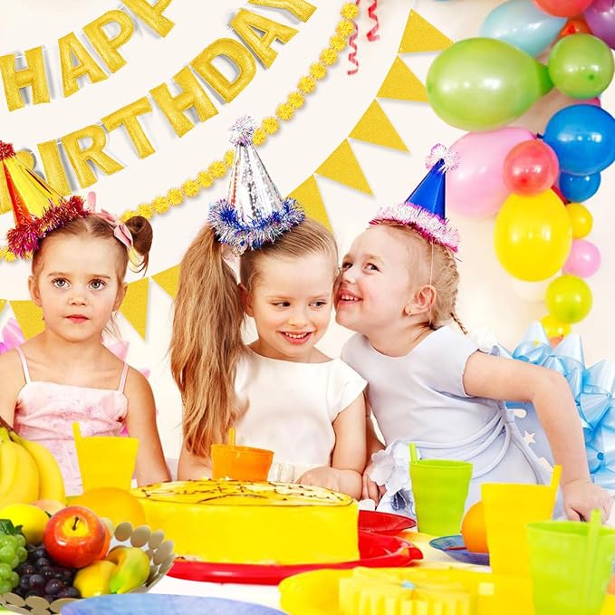 CANREVEL Pre-Strung 3D Happy Birthday Banner, 3 PCS Happy Birthday Garland Felt, Pom Pom Garland, Triangle Fabric Garland Bunting, Reusable Birthday Decorations for Women Men Girls Boys, Gold