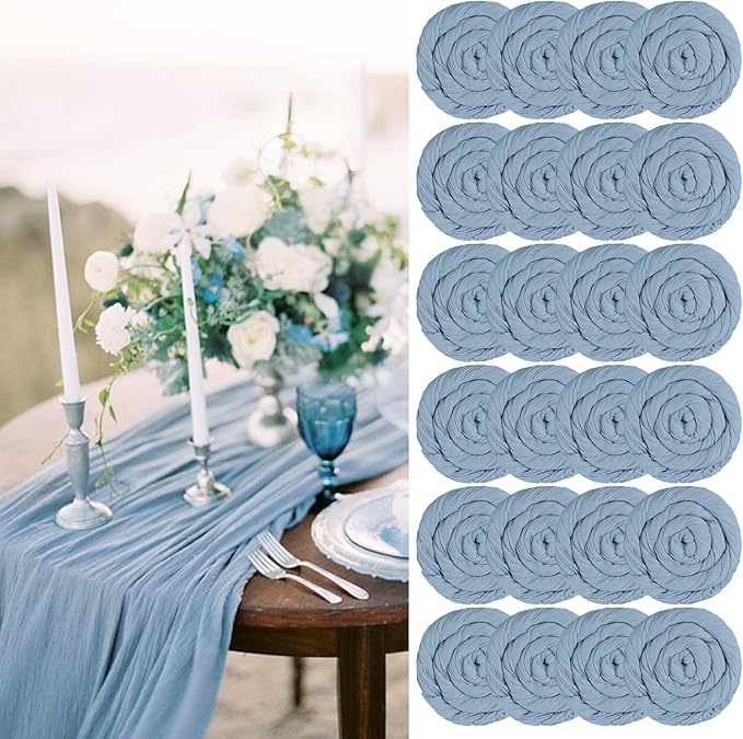 24 Packs Dusty Blue Cheesecloth Table Runner, 10 Ft Rustic Gauze Boho Wedding Table Runner Decoration, Wedding Table Decor Table Cloth for Wedding Party Bridal Shower Table,21.5x120in