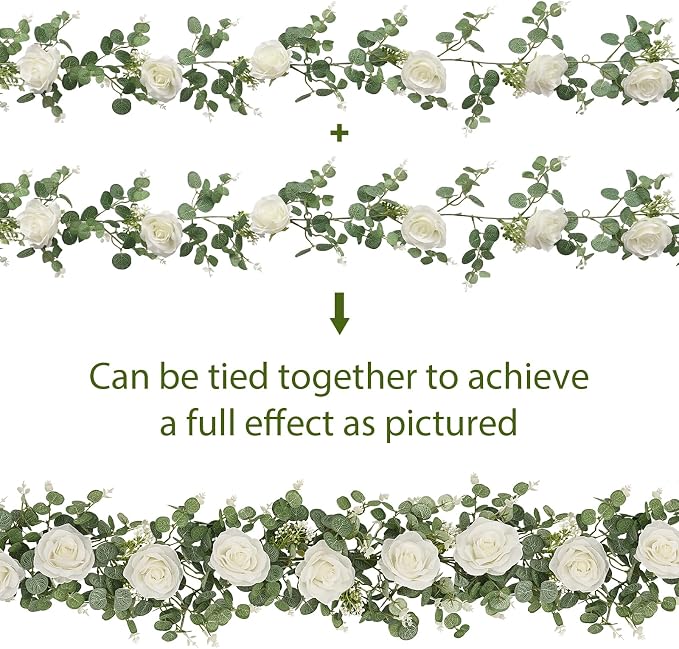 Dolicer 4Pcs 26Ft Artificial Eucalyptus Garlands with Flowers - 8 Roses, Faux Floral Greenery Garlands Fake Flowers Vines for Wedding Table Centerpieces Arch Party Ceremony Backdrop Decor (White)