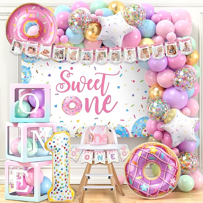 SNLN Sweet One Birthday Party Decorations, First Birthday Decorations for Girl, Balloon Box Photo Banner Donut Foil Balloon Arch Backdrop Highchair Banner Crown, One Year Old 1st Party Supplies