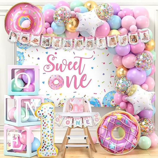 SNLN Sweet One Birthday Party Decorations, First Birthday Decorations for Girl, Balloon Box Photo Banner Donut Foil Balloon Arch Backdrop Highchair Banner Crown, One Year Old 1st Party Supplies