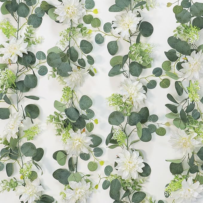 Dremisland Artificial Flowers Garlands 2 Pack 12Ft Artificial Eucalyptus Garland with Dahlia Flower Hanging Flowers Vines Spring Garland for Backdrop Wedding Arch Bedroom Home Wall Room Decor