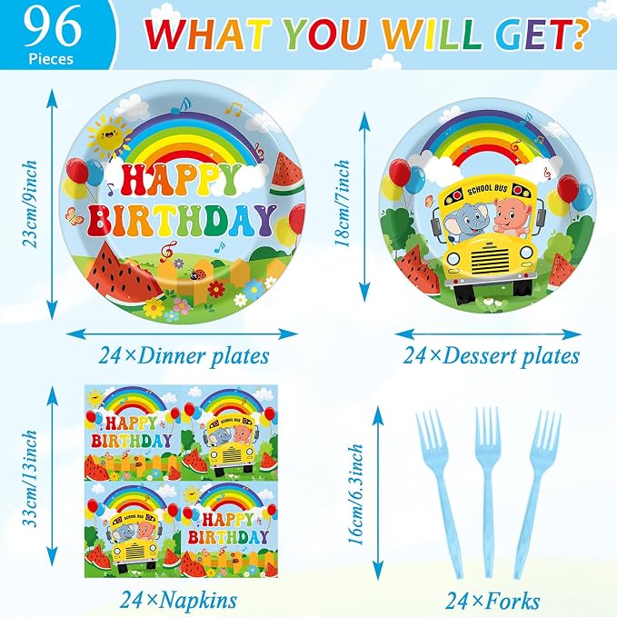 96Pcs Cartoon Melon Birthday Party Decorations Watermelon Theme Tableware Watermelon Bus Rainbow Plates Napkins Forks Cartoon Melon Dinnerware Party Supplies for Kids Birthday Baby Shower Serves 24