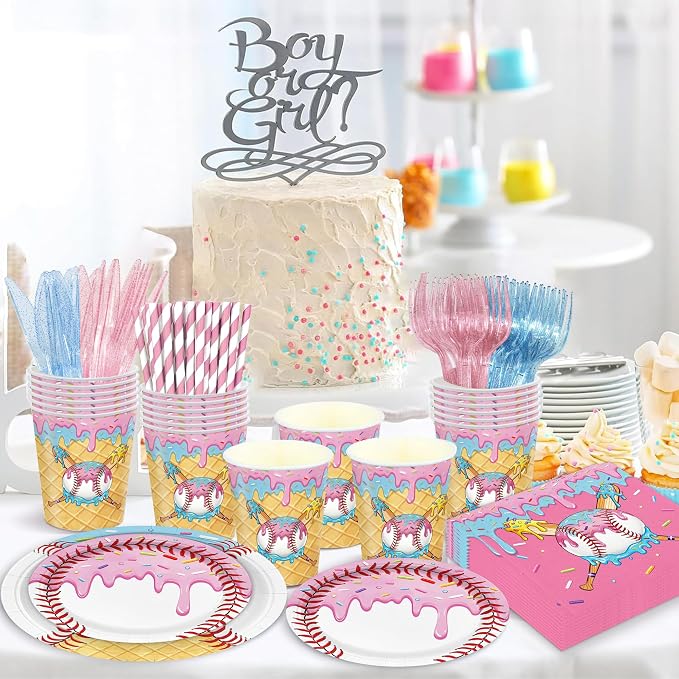 168PCS Ice Cream Drip Baseball Birthday Party Decorations & Favors - Serves 24 | Disposable Tableware: Baseball Plates, Napkins, Cups | Sports/Birthday Party Supplies