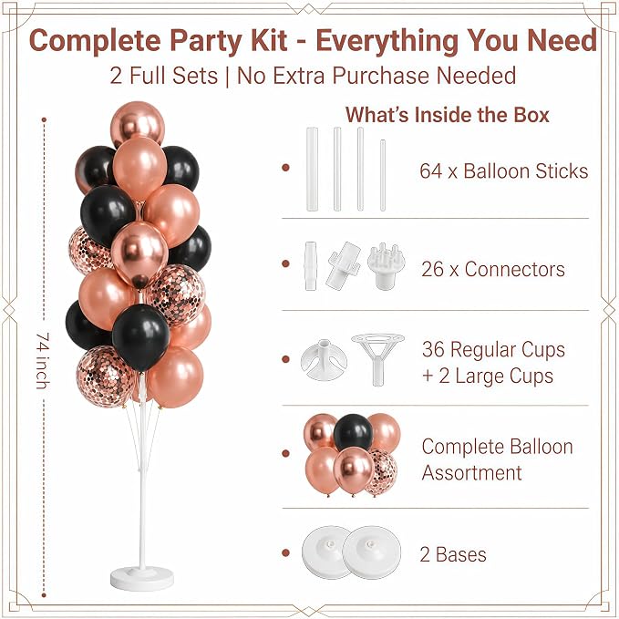 Hiins Balloon Column Kit Set of 2 With Balloons Included - with Base,Pole,Balloon Tower Backdrop Decoration for Wedding, Baby Shower,Birthday Party,Bachelorette Parties (3xRose Night Black)
