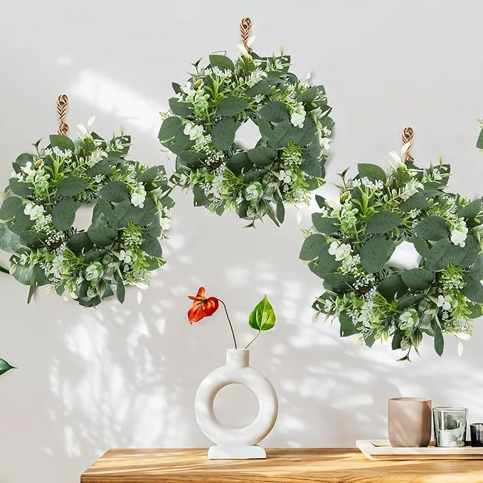 3PCS Artificial Eucalyptus Leaves Wreaths Candle Rings Wreaths Summer Greenery Garland Pillar Holder for Home Wedding Party Table Centerpiece Green