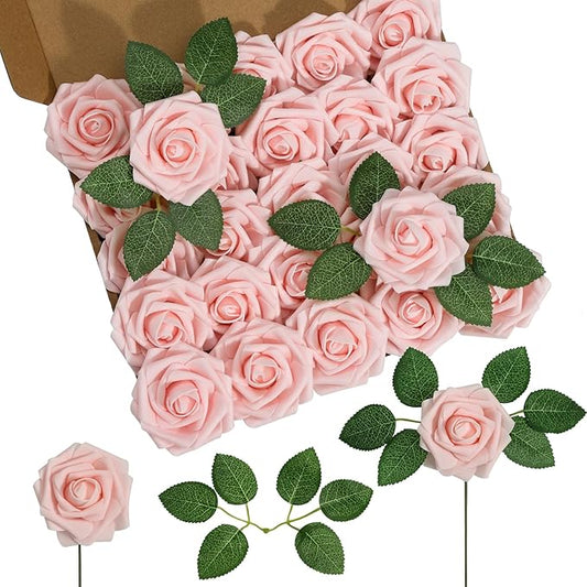 DuHouse 50Pcs Artificial Roses Flowers Fake Roses with Stems Real Touch Foam Flowers for DIY Wedding Bouquet Centerpiece Floral Arrangement Party Home Decor(Blush)