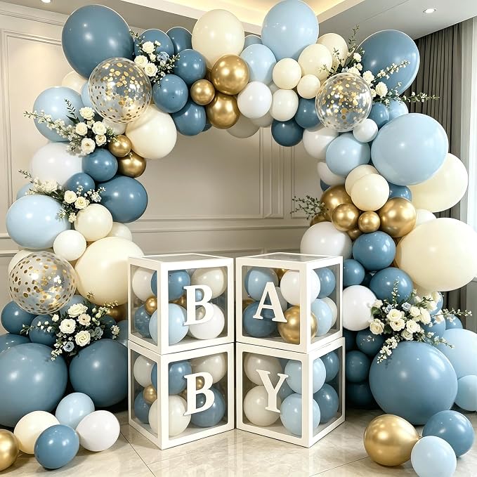Dusty Blue Balloons Baby Shower Decorations for Boy, Dusty Blue Beige White Gold Confetti Balloon Arch Kit Baby Boxes with Letters for Gender Reveal Boy Birthday Wedding Bridal Party Decorations