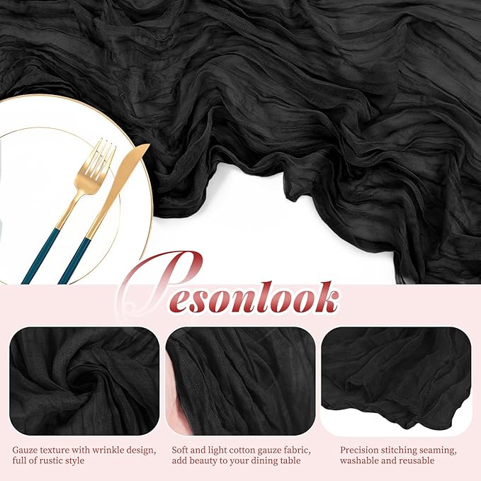 Pesonlook 12 Pack Black Cheesecloth Table Runner, 10FT Cheesecloth Rustic Boho Table Runner Long Romantic Semi Sheer Table Runner for Wedding Birthday Bridal Shower Party Decorations(21.5×120 Inch)