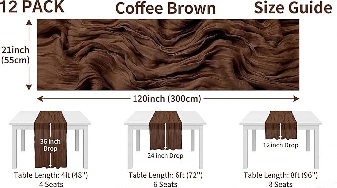 12 Pack Brown 10 Ft Cheesecloth Table Runner 21x120 Inch Boho Wrinkled Sheer Romantic Gauze Decor for Wedding, Bridal Shower, Birthday Party