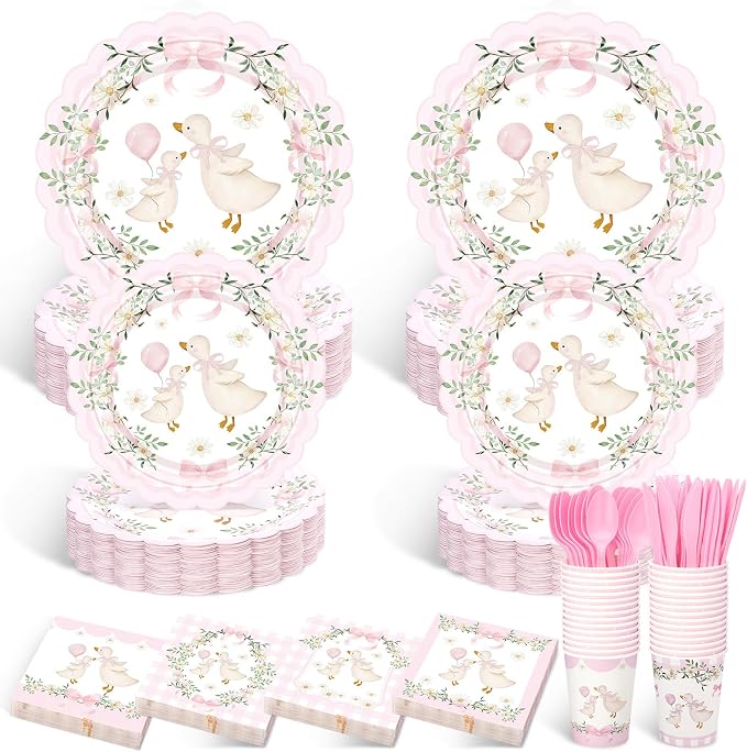 Zhehao 350 Pcs One Silly Goose Birthday Party Tableware Set Scalloped Pink Floral Baby Shower Plates Cup Napkins Forks for Birthday Party Decorations Supplies for 50 Guests
