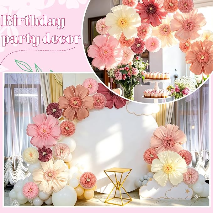 Crowye 12 Pcs Large Colorful Tissue Paper Flowers Decorations Giant Fiesta Craft Crepe Paper Flowers for Wall Decor Backdrop Mexican Wedding Birthday Carnival Party (20'' 31.5'',Vintage Color)