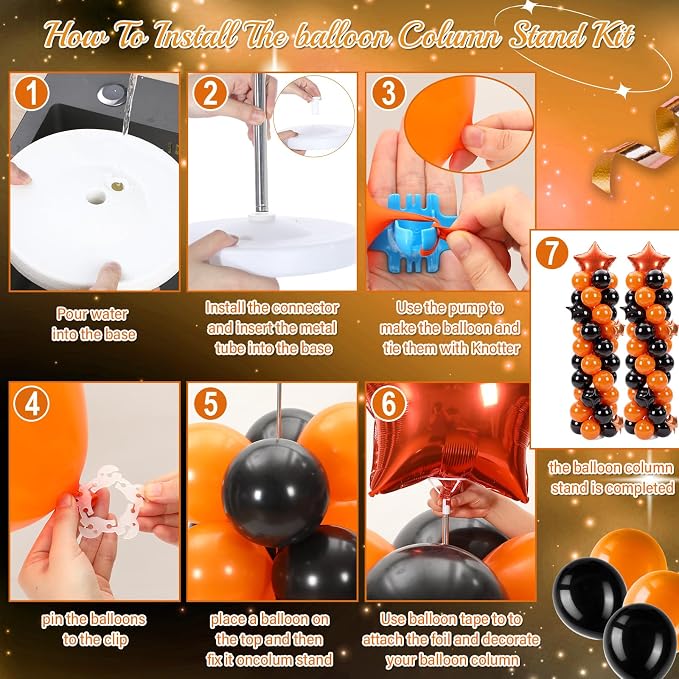 Gejoy 110 Pcs Orange Black Balloons Column Stand Kit Adjustable Tower Stand from 1.4 to 6.6 ft with Bases for Back to School Wedding Birthday Baby Shower Party