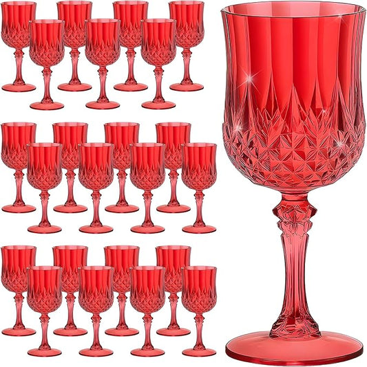 7OZ Plastic Wine Glasses, Reusable Vintage Goblets Unbreakable Drinking Glasses Crystal Water Cups Champagne for Wedding, Parties, Mother's Day (24, Red)