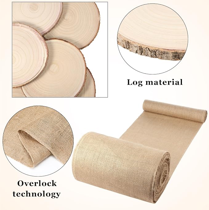 Tioncy Burlap Table Runner Kit Rustic Farmhouse Party, Natural Burlap Table Runner and Wood Centerpieces for Wedding,Christmas, Baby Shower,Birthday, Kitchen Coffee(50ft,6 Pcs)