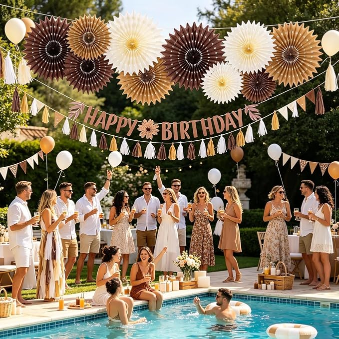 Brown Birthday Party Decorations for Women Neutral Boho Happy Banner Banner Brown Cream Honeycomb Paper Fans Hanging Tassel Garland Rustic Wedding Baby Shower Western Cowboy Party Supplies