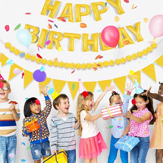 CANREVEL Pre-Strung 3D Happy Birthday Banner, 3 PCS Happy Birthday Garland Felt, Pom Pom Garland, Triangle Fabric Garland Bunting, Reusable Birthday Decorations for Women Men Girls Boys, Gold
