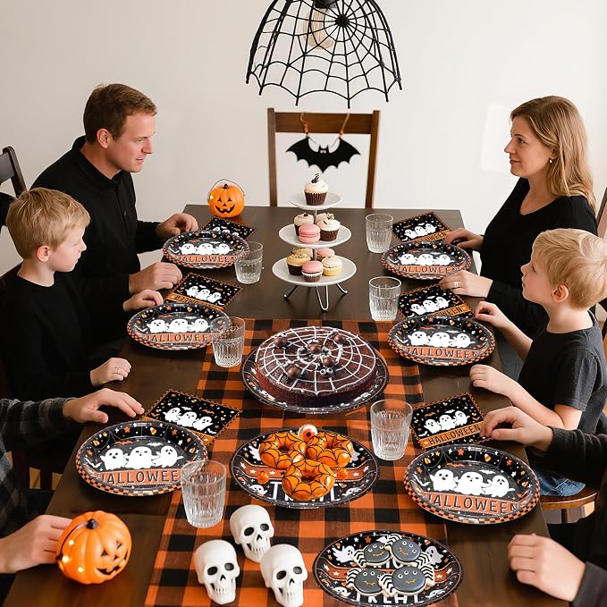 150 Pcs Happy Halloween Plates and Napkins Set - Trick or Treat Ghost Paper Tableware, Disposable Dinner Dessert Paper Plates Napkins Kit for Halloween Table Decorations Party Supplies, Serve 50