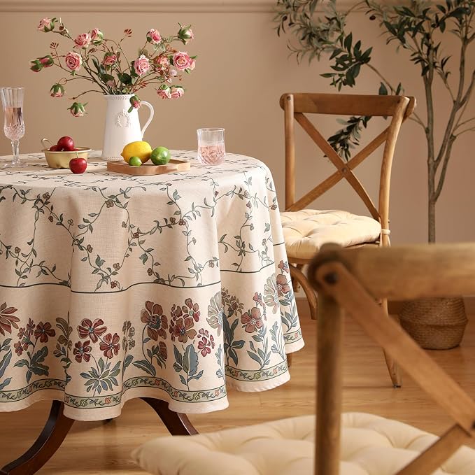 patdrea Vintage French Linen Tablecloth,Round,Diameter 67"-Oliveirad | Heavyweight Elegant Table Cloth for Round Table,Dark Floral & Vine Printfor Dining Room Tea Party Thanksgiving