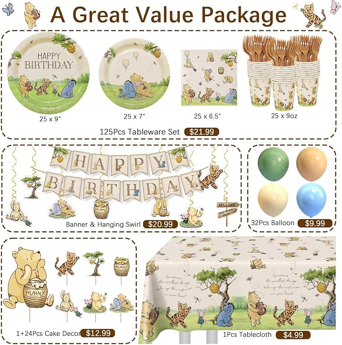 192pcs Winnie Birthday Decorations, Vintage Winnie Bear Plates Napkins Cups Forks Tablecloth Balloons Banner Hanging Swirls Cupcake Toppers for Boy Girl Party Supplies 25 Guests