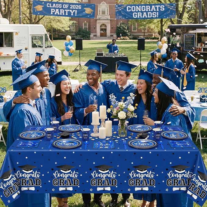 Funnymoom 452 Pcs 2026 Blue White Graduation Decoration for 50, Class of 2026 Blue Graduation Paper Plates Napkins Cups Tablecloth Cutlery Straws for College High School Congrats Grad Party Supplies