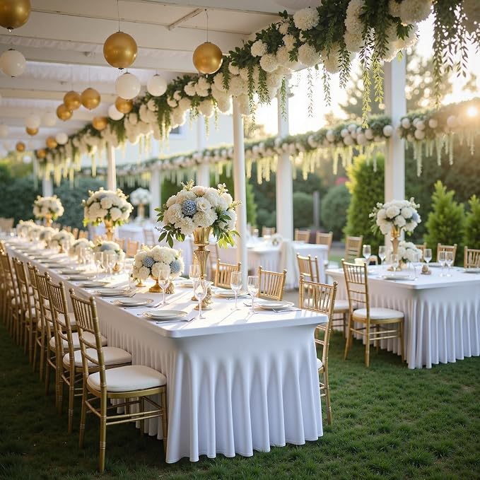12 pk White Spandex Table Cloth Rectangle 8ft with Ruffle Skirt,Wrinkle Free High-Stretch Fitted Tablecloths for 8 Foot Rectangle Tables,Elastic Spandex Table Covers 8 ft for Parties Weddings Banquet