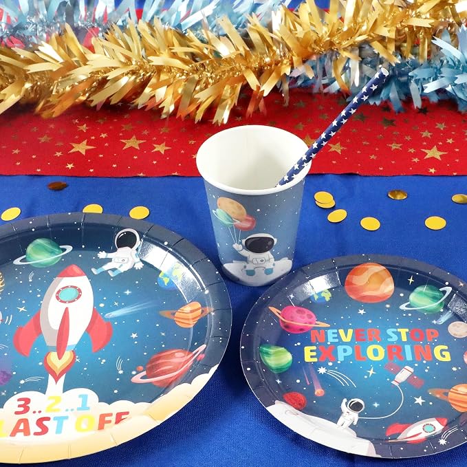 Recheel Space Birthday Party Supplies Decorations, Outer Space Theme Paper Plates and Napkins Set for 24 Guests, 120 Pcs Disposable Galaxy Party Dessert Dinnerware
