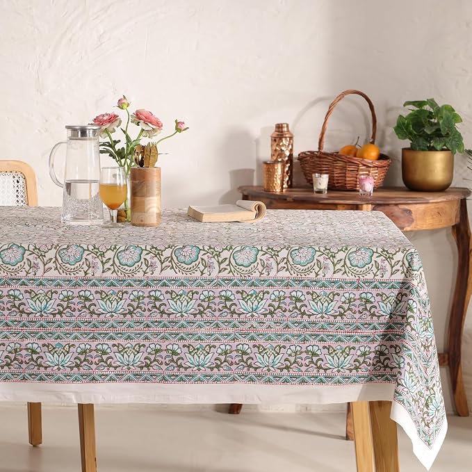 Hand Block Printed Tablecloth, Colorful Floral Print, Indian Artisan Handmade Art, Dining Room, Kitchen, Outdoor Décor, (Rosy Dawn Delight, 8 Seater 72 x 108 Inches Rectangle)