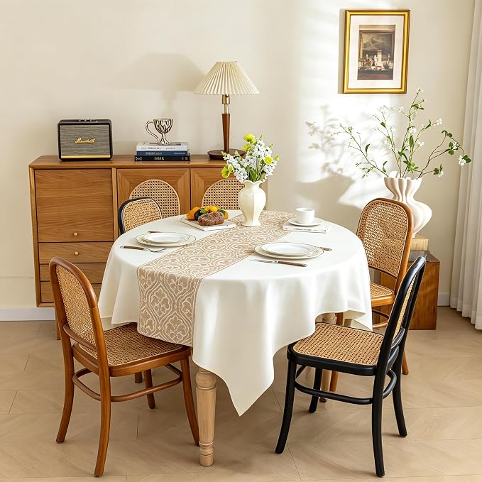 Nordic Beige Round Tablecloth, Premium Drape, Water & Stain Resistant, Elegant Rectangle Table Cover for Dining, Kitchen, Party, Home Decor