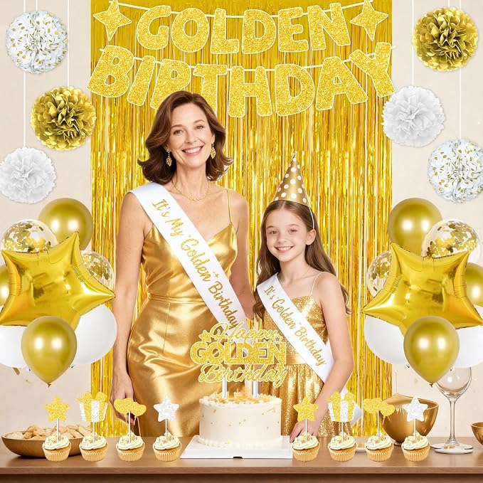 Golden Birthday Party Decorations, 40PCS Gold Decorations Include It's My Golden Birthday Sash Banner Balloons Foil Fringe Curtain Paper Pompoms, Gold Party Supplies for Women Girls Men