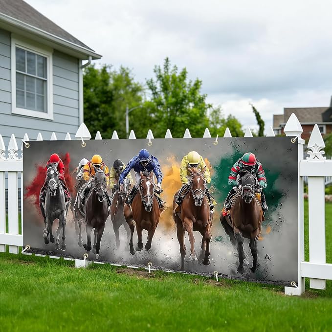 Horse Racing Garage Door Banner Cover 7x16FT Waterproof –Kentucky Derby Backdrop with Jockeys,Indoor Outdoor Decor for Derby Party,Sports Events,Photo Booth & Race Day Celebration