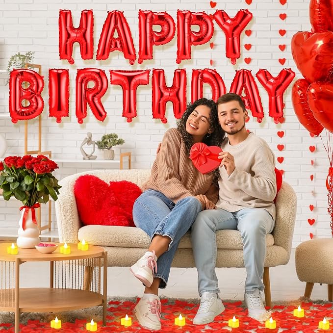 Red Happy Birthday Balloons Decorations Happy Birthday Letter Balloons Banner Set with 24pcs Heart Flameless LED Candles and 2000pcs Artificial Rose Petals for Women Men Room Party Decor