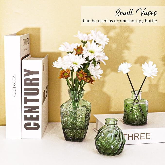 36Pcs Bud Vases Set Small Vintage Glass Bottles Bud Vases in Bulk Multiple Shape Cute Glass Vases for Rustic Wedding Centerpieces Table Decorations and Home Decor(Green)