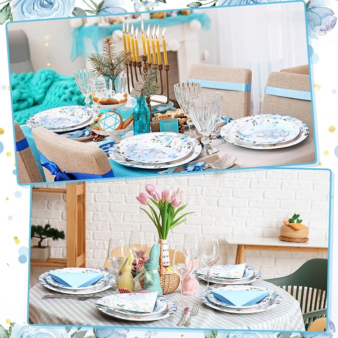 Funnymoom 200 Pcs Elephant Baby Shower Party Supplies Kit It's a Boy Disposable Paper Dinner Plates Dessert Plates Baby Gender Reveal Napkins for Blue Floral Elephant Baby Shower Party 50 Guests